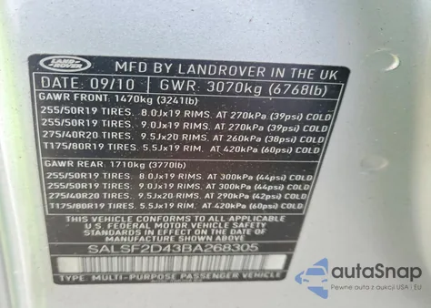 2011 Land Rover Range Rover Sport Hse z USA, uszkodzony, nr VIN SALSF2D43BA268305